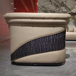 Modern Luxury Curved Sofa with High-Gloss Natural Wood Veneer, Precision Vertical Stitching Craftsmanship & Ergonomic Wrap-Around Design